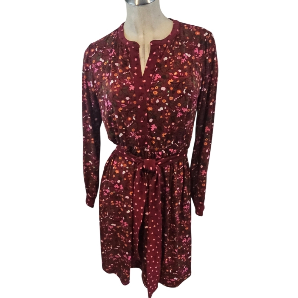 Talbots Size SP Tie Waist Dress Maroon Dress Floral Print